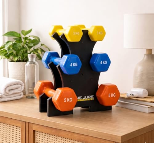 Image of De Jure Fitness Dumbbell Set with Stand for Home Gym | 1kg 2kg 3kg 3 Pair Dumbbells Set | Vinyl Weight Set with Rack | Space Saving Compact Stand | Strength Training Workout Equipment