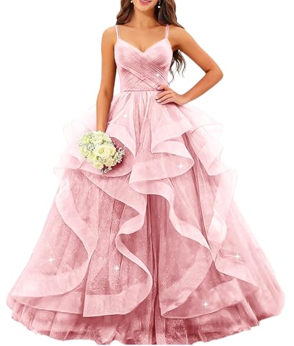 Robe de soirée en tulle plissée longue col en V bretelles spaghetti ado