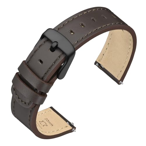 Image of ANNEFIT 19mm Watch Band with Black Buckle, Quick Release Genuine Leather Replacement Strap (Dark Brown /Dark Brown Stitching)