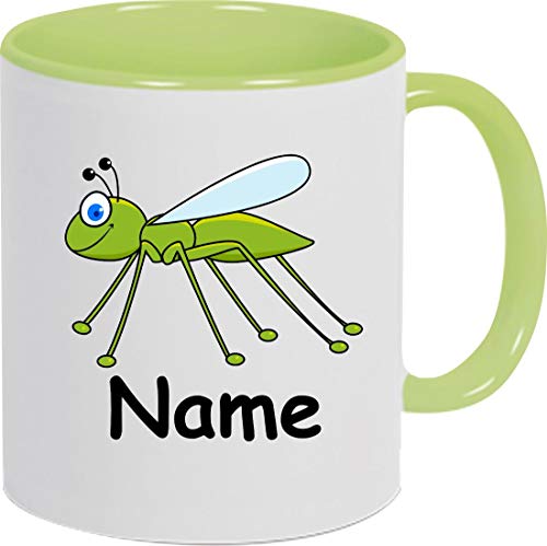 Shirtinstyle Kaffeepott, Tasse, Grashüpfer mit Wunschnamen, Wunschtext, Spruch Name Text Becher Mug Kaffeetasse, Tiere, Natur, Farbe hellgrün