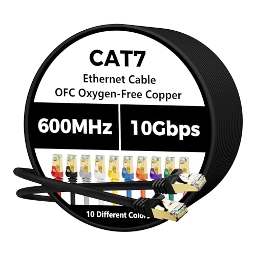 Cat 7 Ethernet Cable 100 FT, 10Gbps High Speed Internet Cord, SFTP Shielded, OFC Pure Copper, CAT7 RJ45 LAN Network Cable Compatible with PC, Laptop, PS5, Xbox Modem, Router, PoE, Black Cable