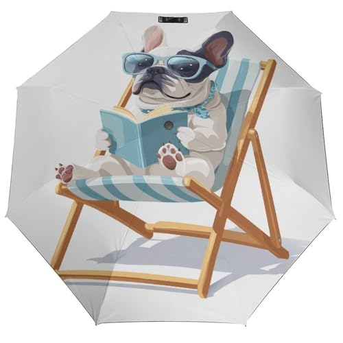 Chaise de plage et bouledogue français pour ce parasol pliant 3 plis