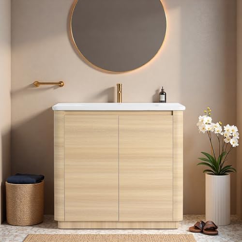 Image of 36 inch Bathroom Vanity with Ceramic Sink, Freestanding Bathroom Vanity with 2-Soft-Close Door, Soft-Closing Hinges & Hidden Handles for Home, Farmhouse, Easy to Clean Design, White Oak