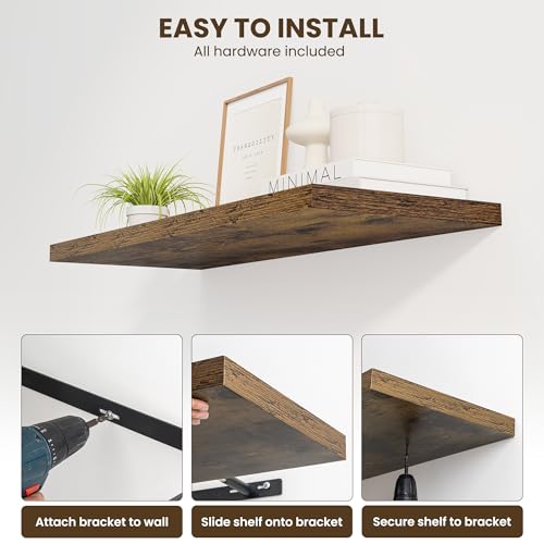 Image of Dreamland 40 inch Floating Shelves for Wall, 12 inch Deep Slim Rustic Brown Floating Shelves, Wall-Mounted Shelves for Bedroom, Living Room, Kitchen, Bathroom - Set of 2