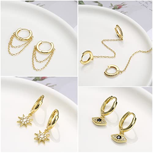 Ironbox 12Pairs 14K Gold Plated Huggie Hoop Studs Earrings Set For Women Small Dainty Minimalist Chain Earrings Cartilage Cz Ball Earrings Sets For Multiple Piercing #TOP5