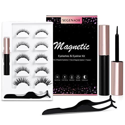 Magnetic Eyelashes,5 Pairs 3D Eyelashes Natural Look Waterproof Reusable Magnetic Eyelash Kit, Magnetic Eyeliner Lashes, False Magnetic Eyelashes,Magnetic Eyeliner Kit By Segenaor #TOP1