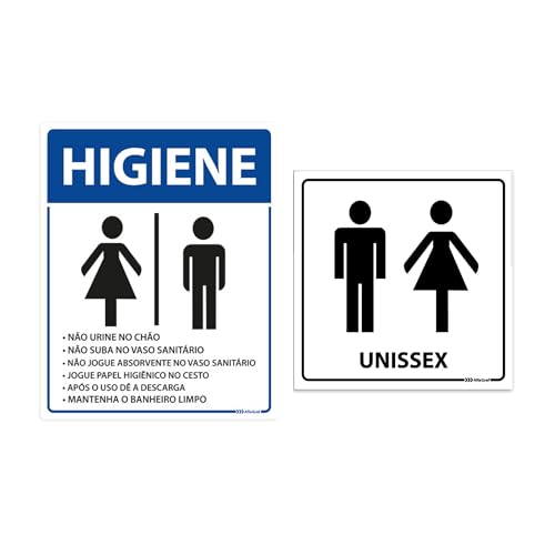 Placas de Sinalização para Banheiro Unissex e Aviso de Higiene em PS Kit com 2 und