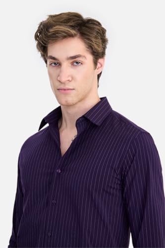 Image of SNITCH Luxe Men Formal Shirt | Slim Fit Full Sleeve Spread Collar Pinstripe Design | Breathable Viscose Blend & Stretch Fabric for Office Wear & Business Meetings