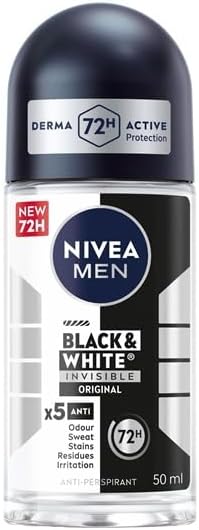 NIVEA MEN Black & White Original Anti-Perspirant Roll On (50ml), 72hr Anti-Sweat Roll On Deodorant for Men, No Stains on Black and White Clothes