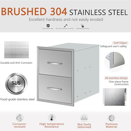 Image of 18 inch W x 23 inch H x 23 inch D Outdoor Kitchen Double Drawers Stainless Steel Flush Mount BBQ with Handles Access BBQ Island for Outdoor Kitchens or Patio Grill Station