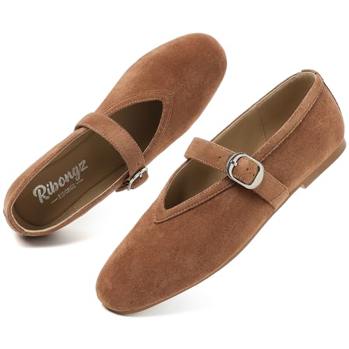 RIBONGZ Women's Tan Flats Ballet Mary Jane Round Toe Strap Dress Shoes 8