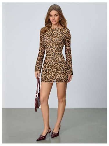 Image of MakeMeChic Women's Cheetah Print Mini Dress Y2k Bell Sleeve Leopard Print Dress Going Out Outfits