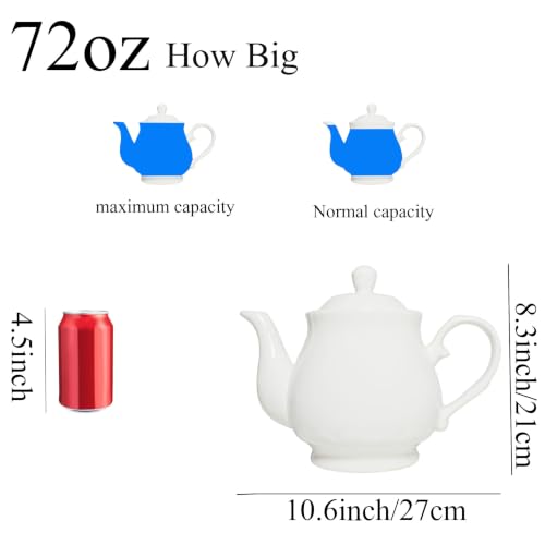 Image of White Porcelain Teapot, 2L Large Tea Pot Coffee Tea Water Pot Vintage Lotus Ceramic Gooseneck Kettle (72oz)
