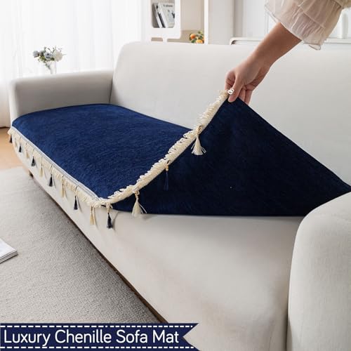 Image of HOKIPO 'Serenity Tassel' Chenille Sofa Cover 5 Seater Set with Tassels - Washable 3+1+1 Sofa Cover Mat | Sapphire Navy (IN-890 * 2 + IN-892 - NBL)
