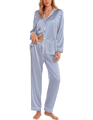 Image of Ekouaer Pajamas for Women Silk Satin Button Down Long Sleeve Pajama Sets