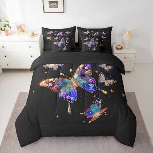 Image of Erosebridal Flying Butterfly 7 Pieces Bedding Set King,Diamond Butterflies Bed in a Bag,Outer Space Galaxy Bed Set Includes Comforter,Sheet Set,Pillowcases & Pillow Covers,Starry Sky Bedroom Decor