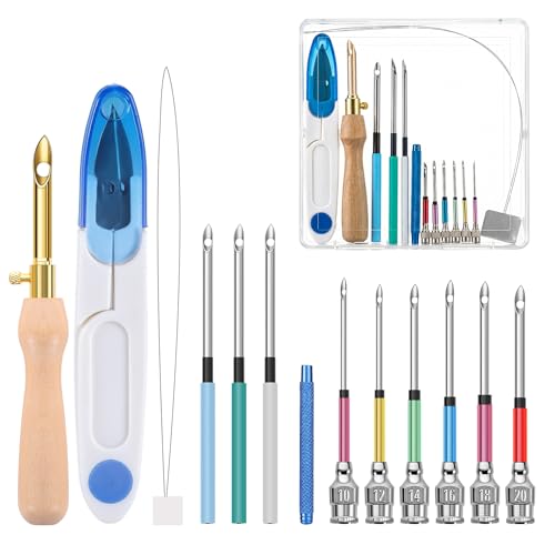 14 Pcs Punch Needle Kit with Storage Box Adjustable Punch Needle Tool Includes Wooden Handle Embroidery Pen Set Big Eye Needles Punch Needle Ideal for Decoration and Gifts