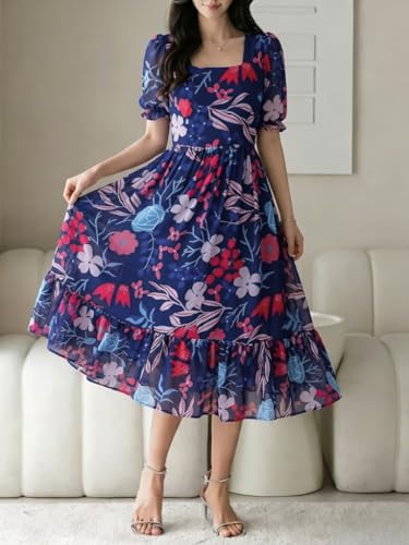 Image of SMOWKLY Women's Georgette Floral Printed Western Gown || Half Sleeve V Neck Fit & Flare Flared Hem Design || A-Line Maxi Dress Casual Wear
