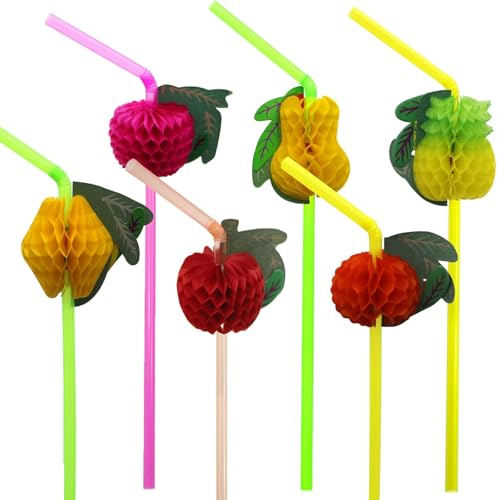 Image of Decorative Drinking Straws with Tropical Fruit and Umbrella Picks, Bendable Cocktail Straws for Party (Multicolor Fruit Theme Straw, Pack of 25pcs)