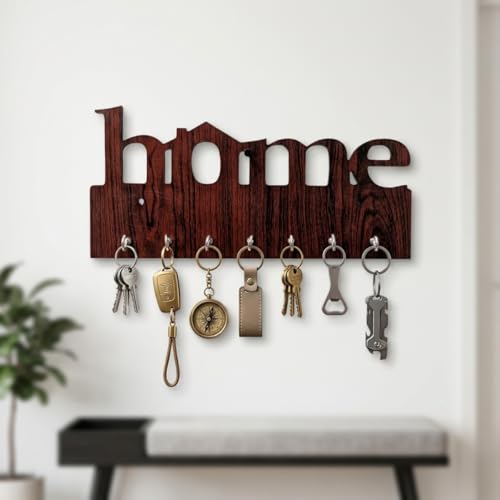 Image of Wooden Home Deign Key Holder for Wall | 7 Hooks Wall Mounted Key Hanger for Home Entrance | Decorative Wooden Key Stand for Living Room & Office | Key Organizer Rack for Wall Decor Brown