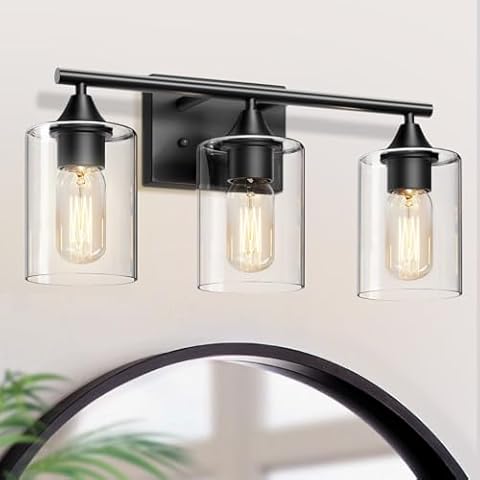 XPEHK Bathroom Lighting Fixtures Over Mirror,3-Light Black Bathroom Vanity Light,Sconces Wall Lighting with Clear Glass Shade,Light Fixture for Bedroom Living Room Vanity Table Hallway Cover
