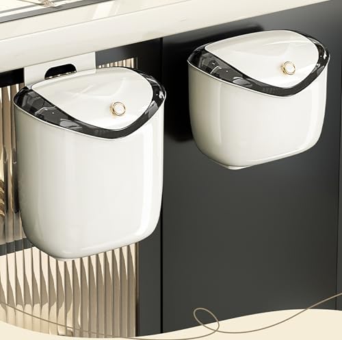 Image of House of Quirk plastic Hanging Kitchen Trash Can With Lid, Open Lid Design, Dual Sided Kitchen Trash Can, Kitchen Cabinet Door Hanging Wall Storage Bucket (9 Litre, Cream)