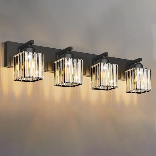 Image of Black Crystal Bathroom Vanity Light, 4-Light Modern Bathroom Lighting Fixtures Over Mirror, Matte Black Wall Sconce Light Fixtures with Square Shade