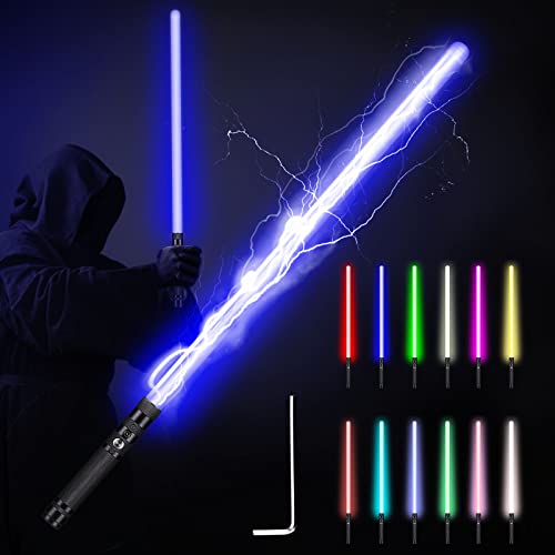 Duell Lichtschwert RGB 12 Farben Veränderbares Laserschwert FX Lichtschwerter USB Wiederaufladbar mit Metallgriff, 3 Sound Modus, Silent-Modus für Erwachsene, Kinder, Cosplay, Film, Halloween, Party Cover