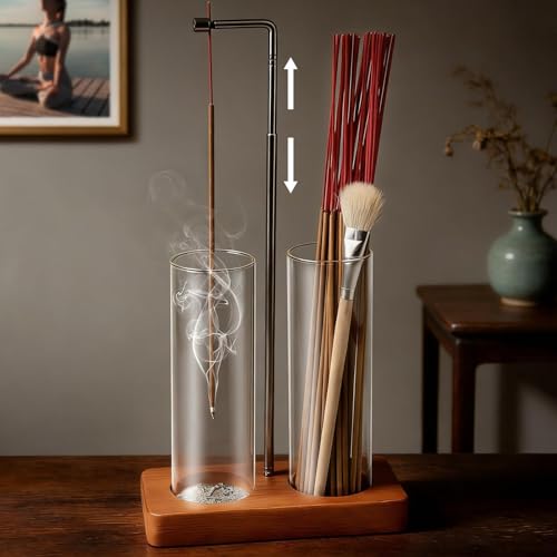 Incense Holder for Sticks 2 in 1 Incense Sticks Burner with Glass Ash Catcher & Storage Upside Down Incense Holder with Brush Anti-Ash for Yoga Meditation Spa Outdoor Patio(Extends 8.7-13.4)