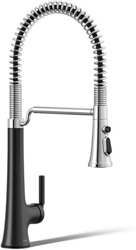 KOHLER 23765-CBL Tone - Grifo de fregadero de cocina semiprofesional, grifo de cocina preenjuague, grifo comercial, cromo pulido con negro mate