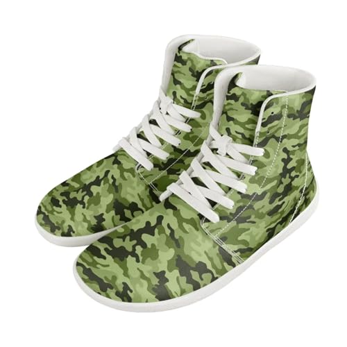 Camouflage Print High Top Barefoot Shoes for Men Comfy Flats PU Leather Walking Shoes Lightweight Non Slip Casual Lace Up Sneakers