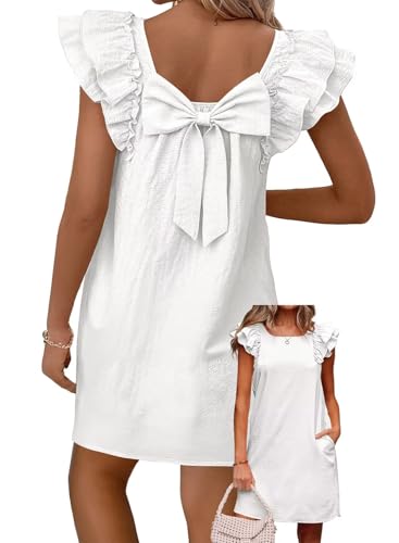 Image of Falechay Womens Summer Dresses Bow Tie Back Sundresses for Women Ruffle Short Sleeve Dress Casual Cute Sundress with Pockets
