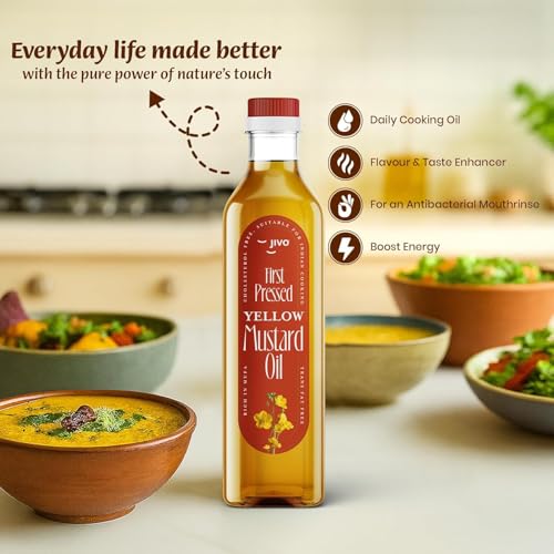 Image of Jivo First Pressed Yellow Mustard Oil 1L + 1L Offer | Cooking Oil for Indian Dishes | Contains MUFA & PUFA | Fortified with Vitamins A&D