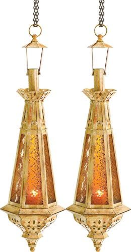Amber Teardrop Lantern Moroccan Hanging Candle Lamp 23 Inches Tall 2 Pc Lot