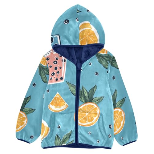 Colorful Bubble Tea and Oranges Girls Fleece Jacket Girls Fall Jacket Girls Zip Up Hoodie Girls Sherpa Jacket 2-10T