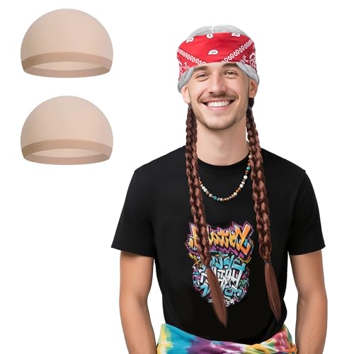 Adnee 4 Pcs Mens Hippie Double Braid Wig Set Male Pigtail Costume Wigs with Bandana and Wig Caps Grey Brown Hippie Dude Wigs for Halloween Costume Role Play Party Accessories