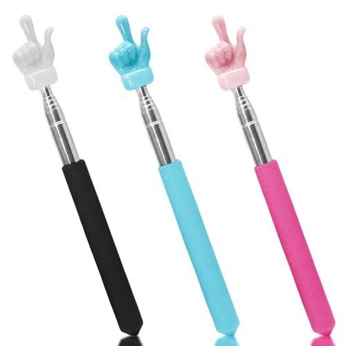 HARSKIYER 3 Pack Telescopic Teachers Pointer, Retractable Finger Pointer Sticks for Classroom, Stainless Steel Finger Stick for Lectures, Presentations (Black, Pink, Blue)