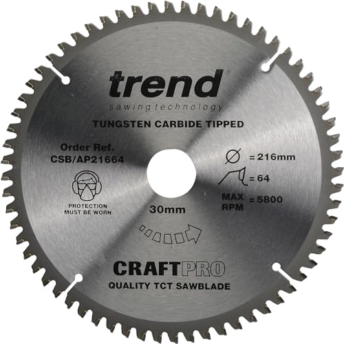 Trend Aluminium & Plastic Circular Saw Blade, 216mm Diameter, 30mm Bore, 64 Teeth, 2.8mm Kerf, -6° Hook, TCT