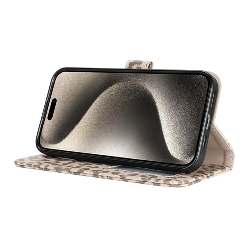 Image of for iPhone 15 Pro Case Wallet with Card Holder,for iPhone 15 Pro Wallet Case for Women Men,PU Leather Shockproof Magnetic Buckle Stand Flip Phone Case-Beige Leopard