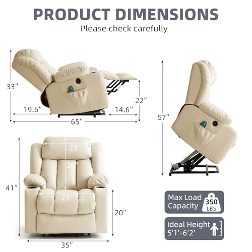 Power Lift Recliner Chair for Elderly, Electric Recliner Chairs for Adults with Massage and Heat, Cup Holders, Remote Control, USB Ports, Side Pockets, Leather (Cream) - Image 3