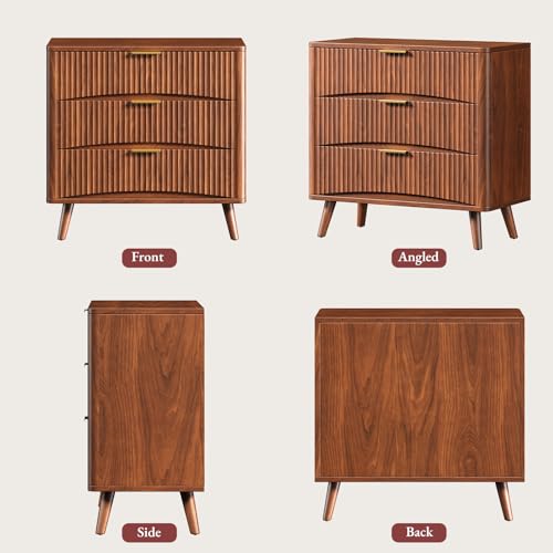 Image of Evermagin 31.5 inch W Larged Fluted Nightstand, Mid Century Modern 3 Drawer Night Stand, Small Wood Dresser for Bedroom, Wide Oversized Bedside Table, Walnut