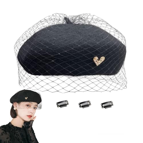 huablo French Berets with Veil Premium Cashmere Beret Elegant Wool Hat for Women Solid Artist Hats Black