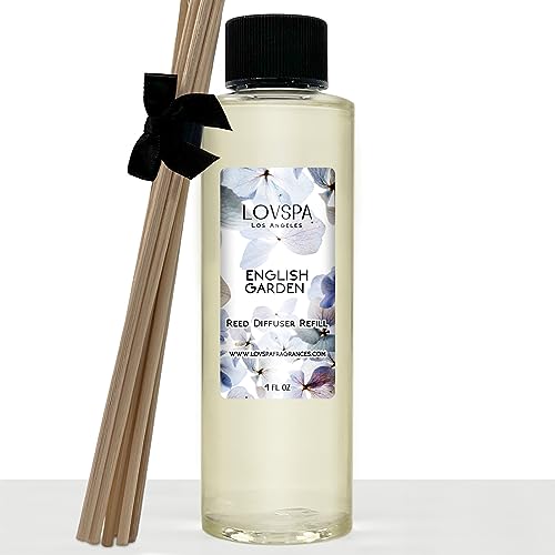 LOVSPA English Garden - Recambio de aceite difusor de varillas de repuesto con varillas de repuesto | Aroma de jazmín, rosa, jacinto y lirio del valle para cocina o baño, 4 onzas