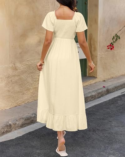 Image of BTFBM Womens Summer Dresses 2026 Casual Short Sleeve V Neck Drawstring Wedding Guest Maxi Dresses Boho Beach Long Dress