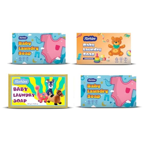 Image of Tickles (Pack of 4) Handmade Organic Washing Soap For Baby Clothes, Accessories Mainly for Sensitive Skin 100% Chemical Free Natural Laundry Soap Citronella, Lavender, Unscented & Lemongrass (360 gms)