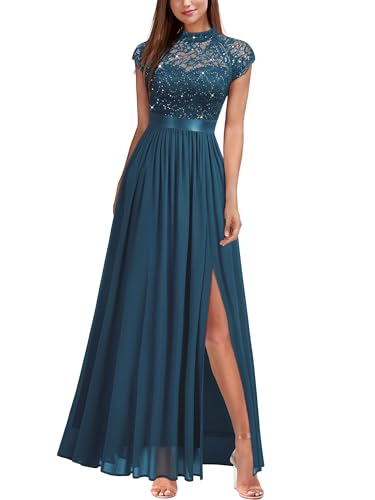 Miusol Women's Elegant Sequin Lace Contrast Chiffon Split Style Evening Party Maxi Dress