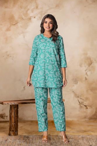 Image of Women's Pure Cotton Printed Night Suit,Top and Relaxed Pajama Set, Stylish Sleepwear, Casual Wear