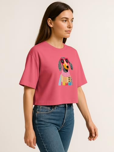 Image of HELLCAT Beige Printed Loose Fit Crew-Neck Crop T-Shirt for Women