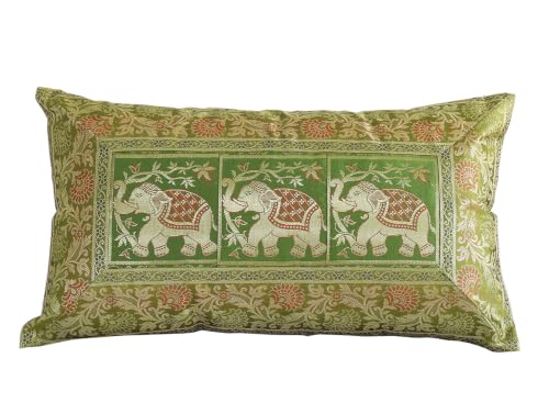 Image of Ravaiyaa - Attitude is everything Banarasi Brocade Silk Pillow Cover Elephant Design Cushion Pillow Sham Case Home Decorative Set of 2 Piece 12 inch X 20 inch Inch