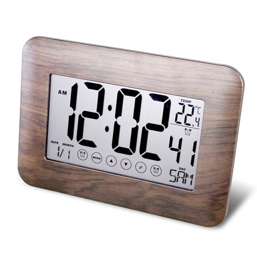 Reloj Despertador Digital radiocontrolado con Pantalla táctil - Pantalla Calendario: Fecha, Día, Hora + Temperatura - 2 Alarmas & Función Snooze